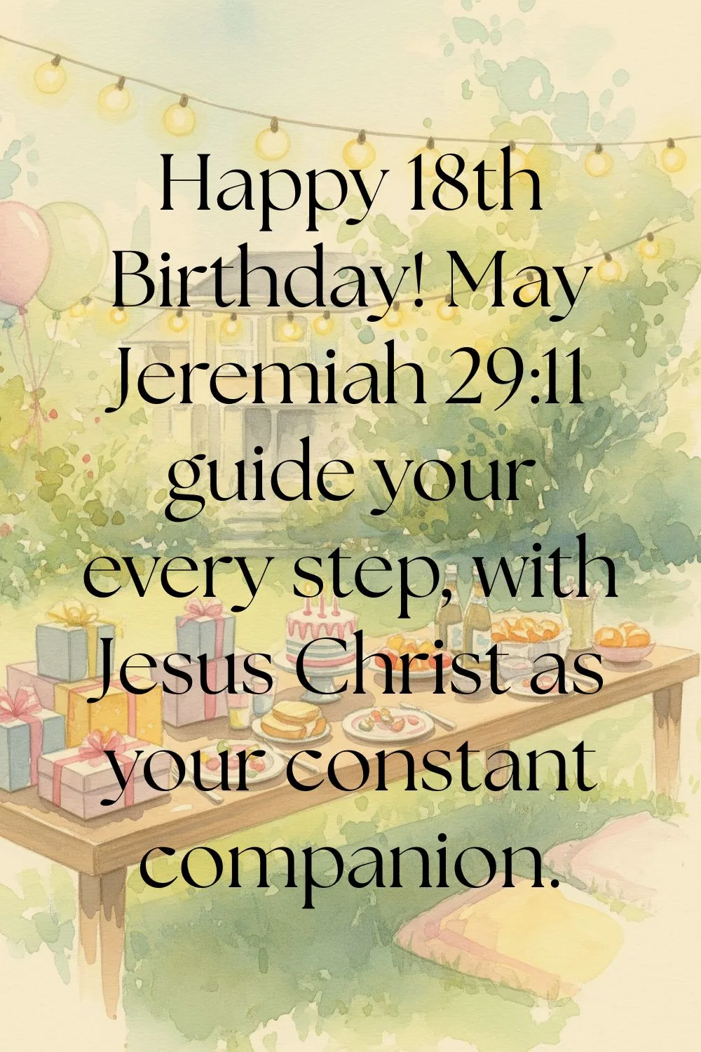Pin style image of a backyard birthday set up that features the text: Happy 18th Birthday! May Jeremiah 29:11 guide your every step, with Jesus Christ as your constant companion.