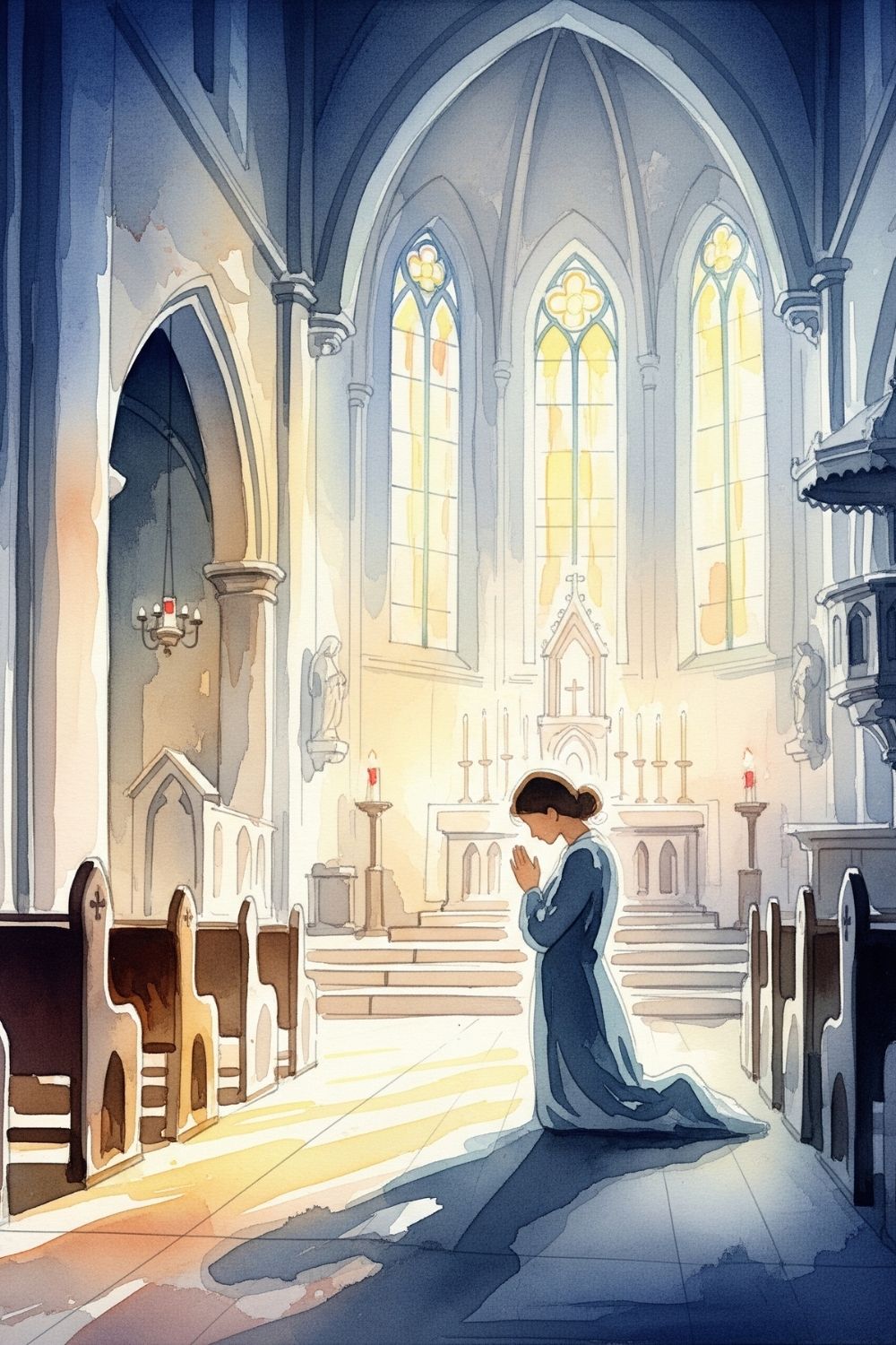 A woman kneeling and praying in a church. Cover image for the prayers for comfort blog post.
