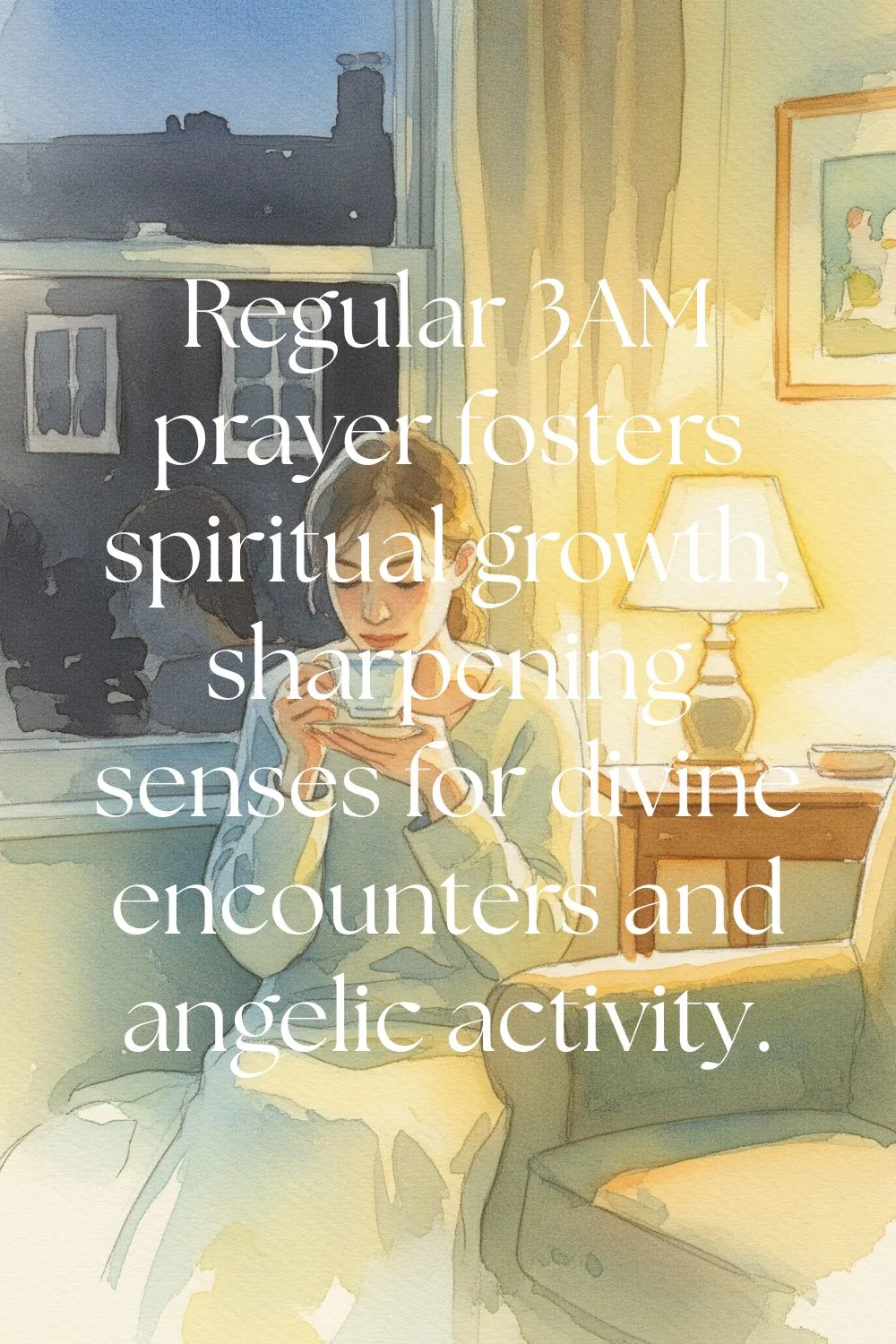 A woman drinking tea in the morning. Text says: regular 3am prayer fosters spiritual growth, sharpening senses for divine encounters and angelic activity.